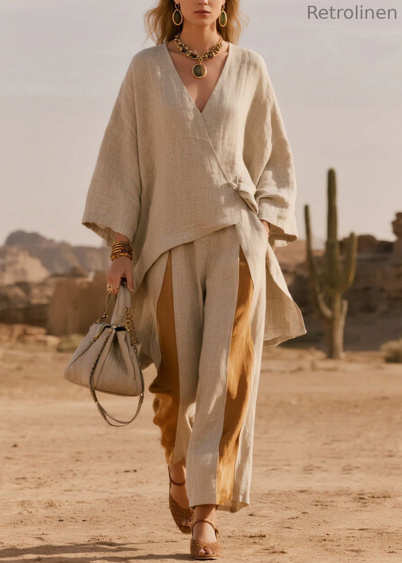 French V Neck Asymmetrical Patchwork Linen Two-piece Set Spring