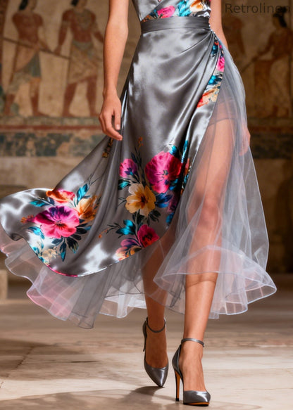 Grey Print Patchwork Tulle Silk Holiday Dress Summer