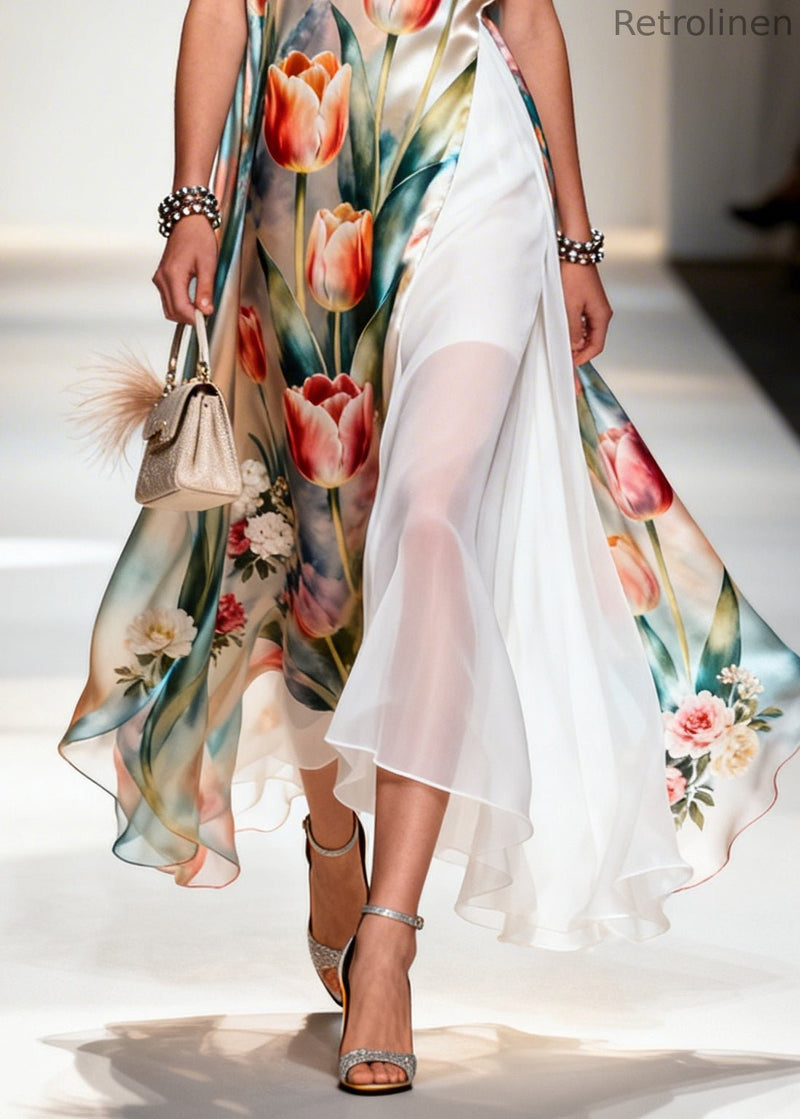 Flower Print Patchwork Chiffon Maxi Dresses Sleeveless