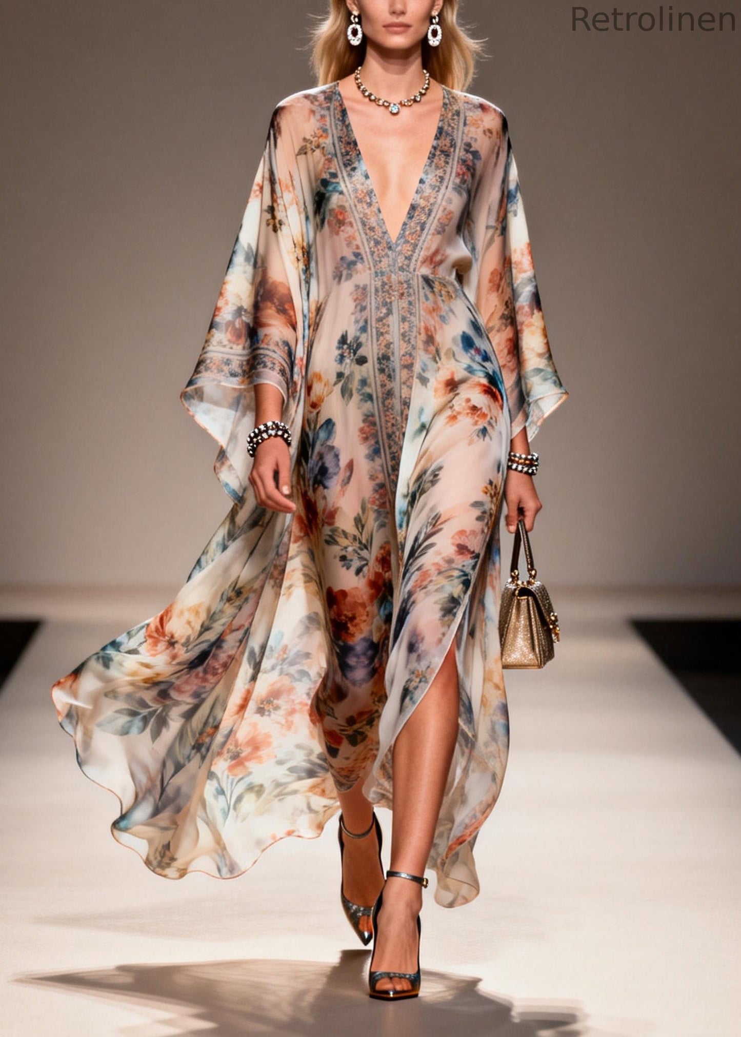 Unique V Neck Print Chiffon Maxi Dresses Spring