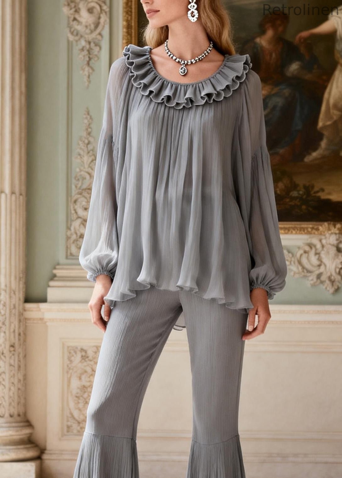 Grey Ruffled Patchwork Linen Silk 2 Piece Outfit Spring