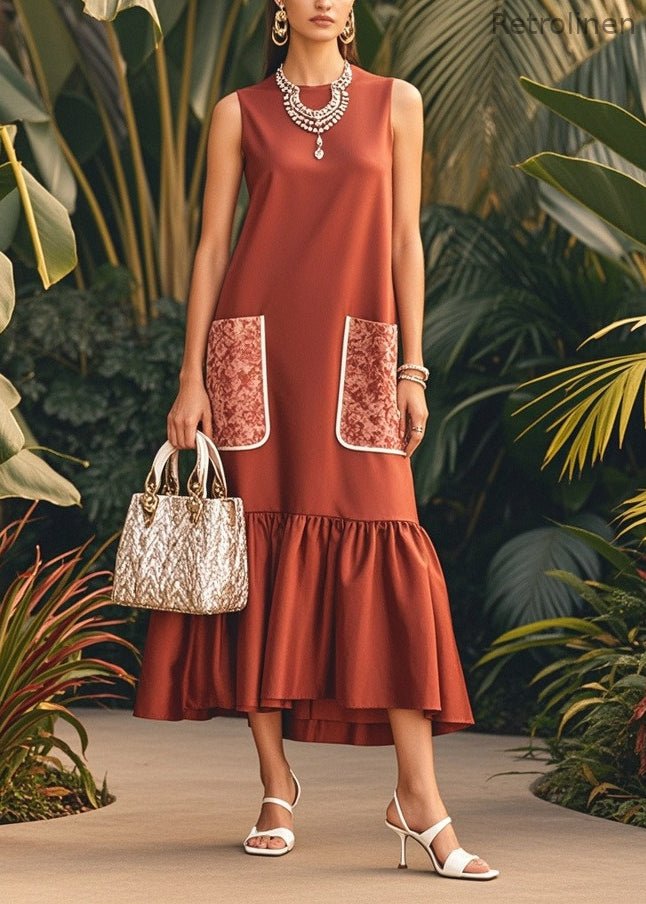 Brown O-neck Patchwork Pockets Silk Maxi Dress Sleeveless