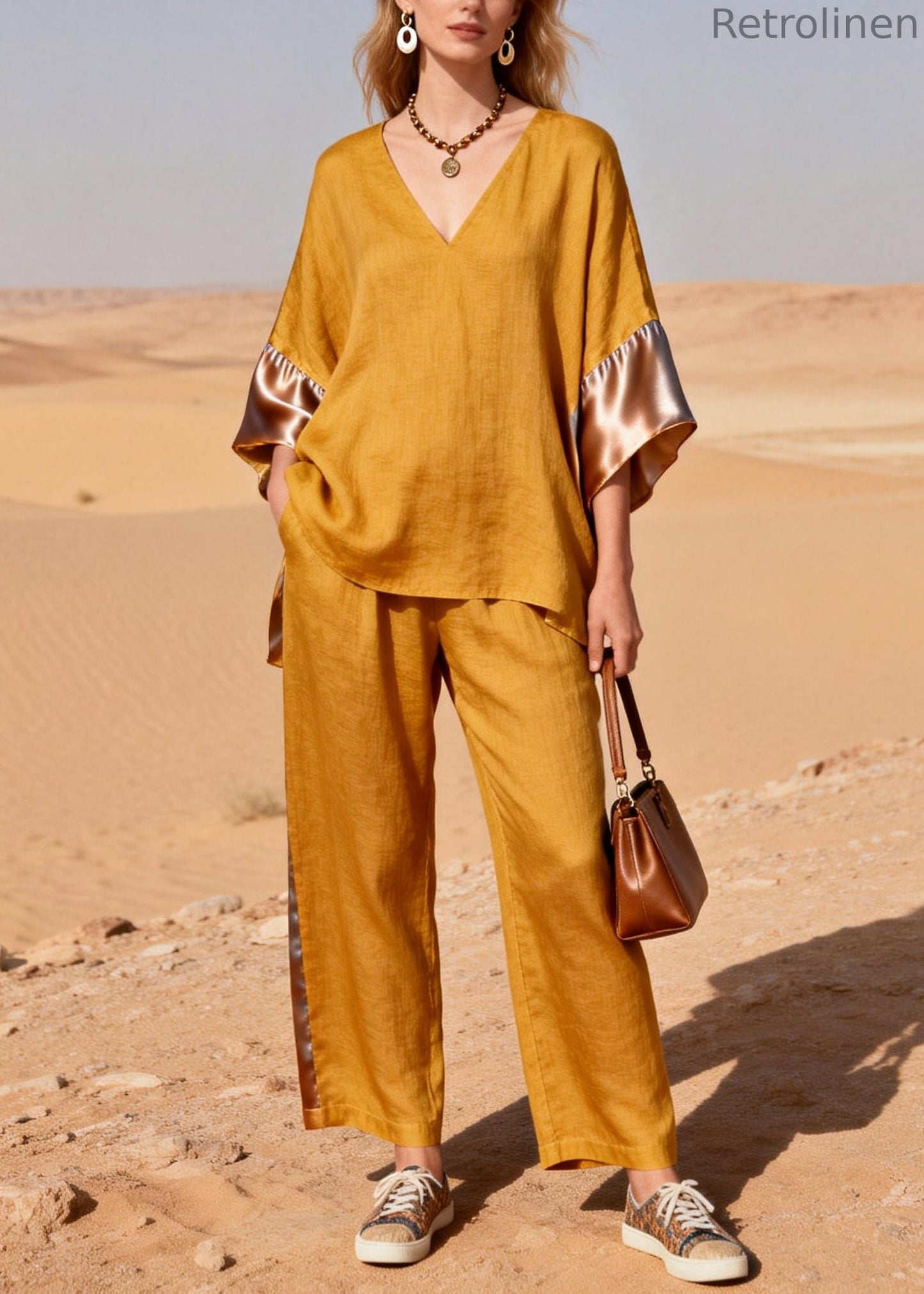 Yellow Oversized Patchwork Linen Silk Two Pieces Set Summer