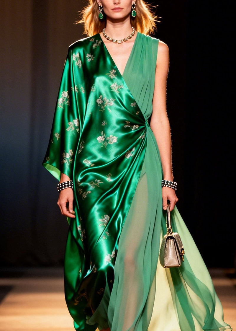 V Neck Asymmetrical Design Print Silk Long Dresses Summer