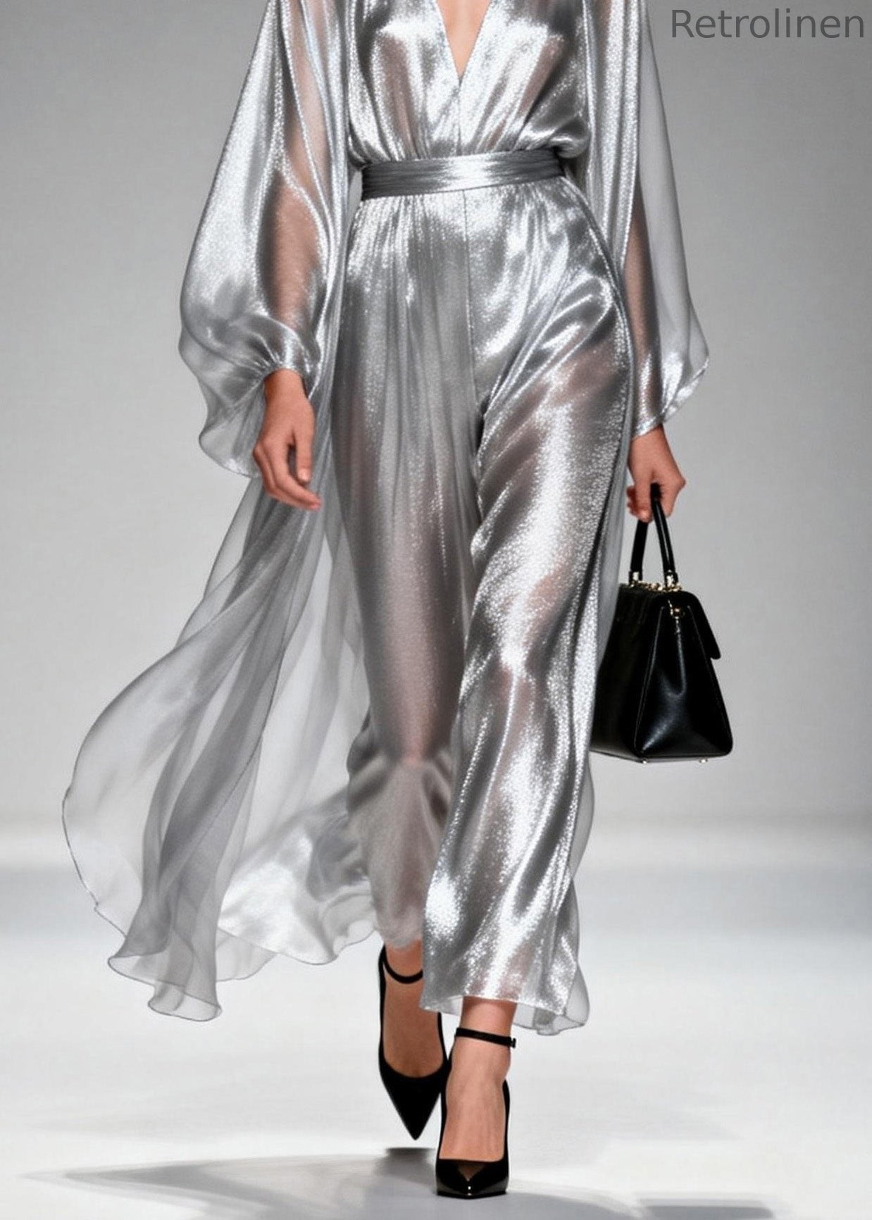 Silver V Neck Silk Long Dresses Spring