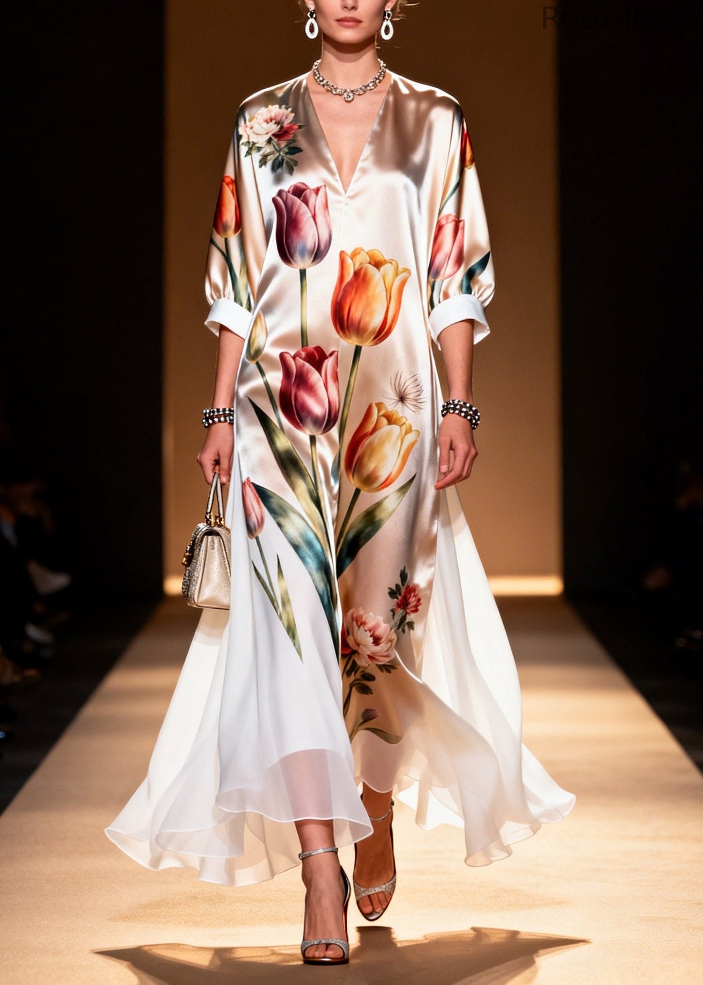 Unique Champagne Print Draping Silk Ankle Dress Summer