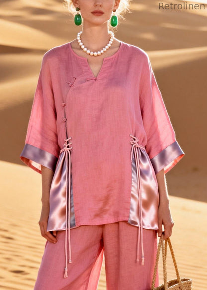 Pink Button Lace Up Patchwork Silk Linen Two Piece Set Bracelet Sleeve