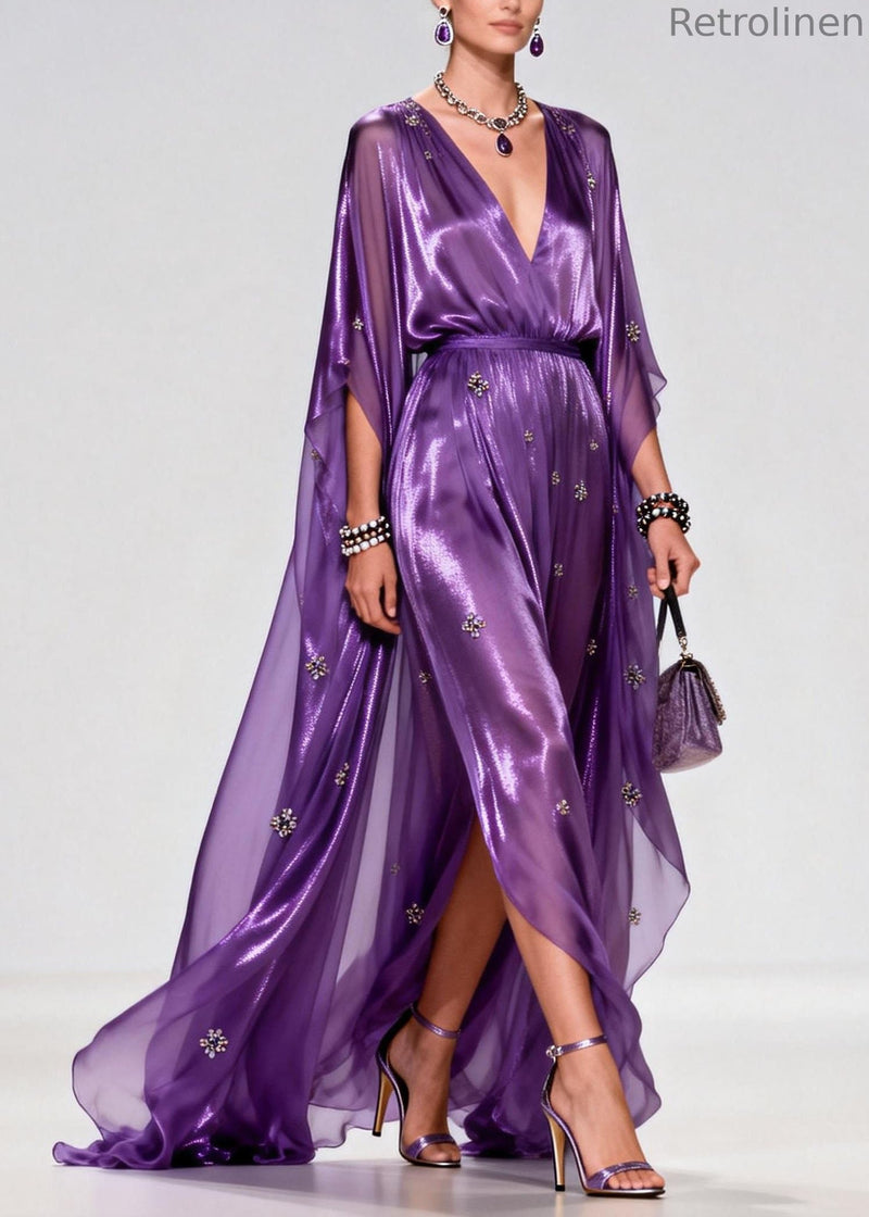 Purple V Neck Zircon Chiffon Long Dress Summer