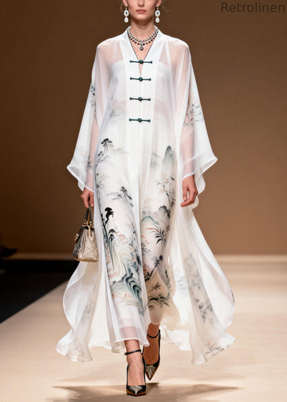 White Print Draping Chiffon Oriental Dress Chinese Button Summer