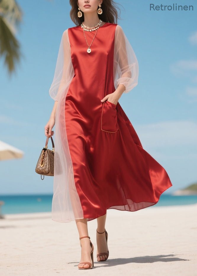 Handmade Red Asymmetrical Patchwork Tulle Robe Dresses Summer