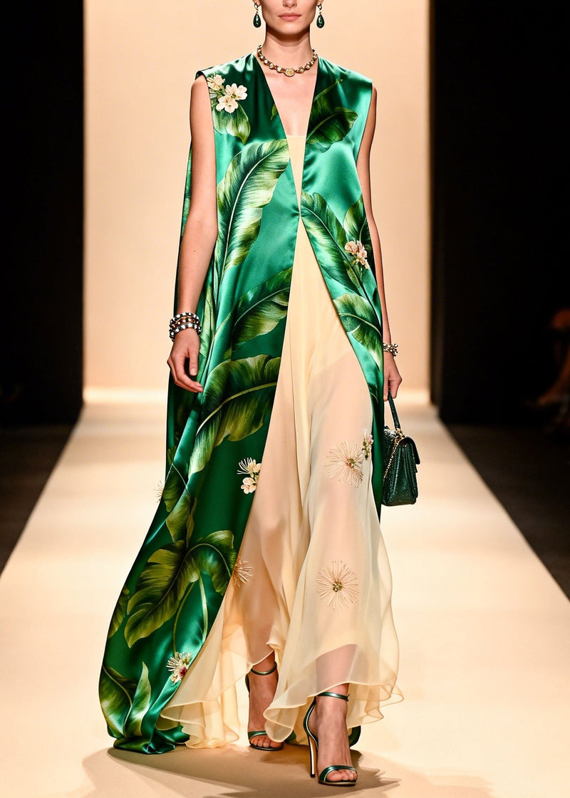 Italian Green Print Silk Cardigans and Chiffon Dresses Two Pieces Set Summer