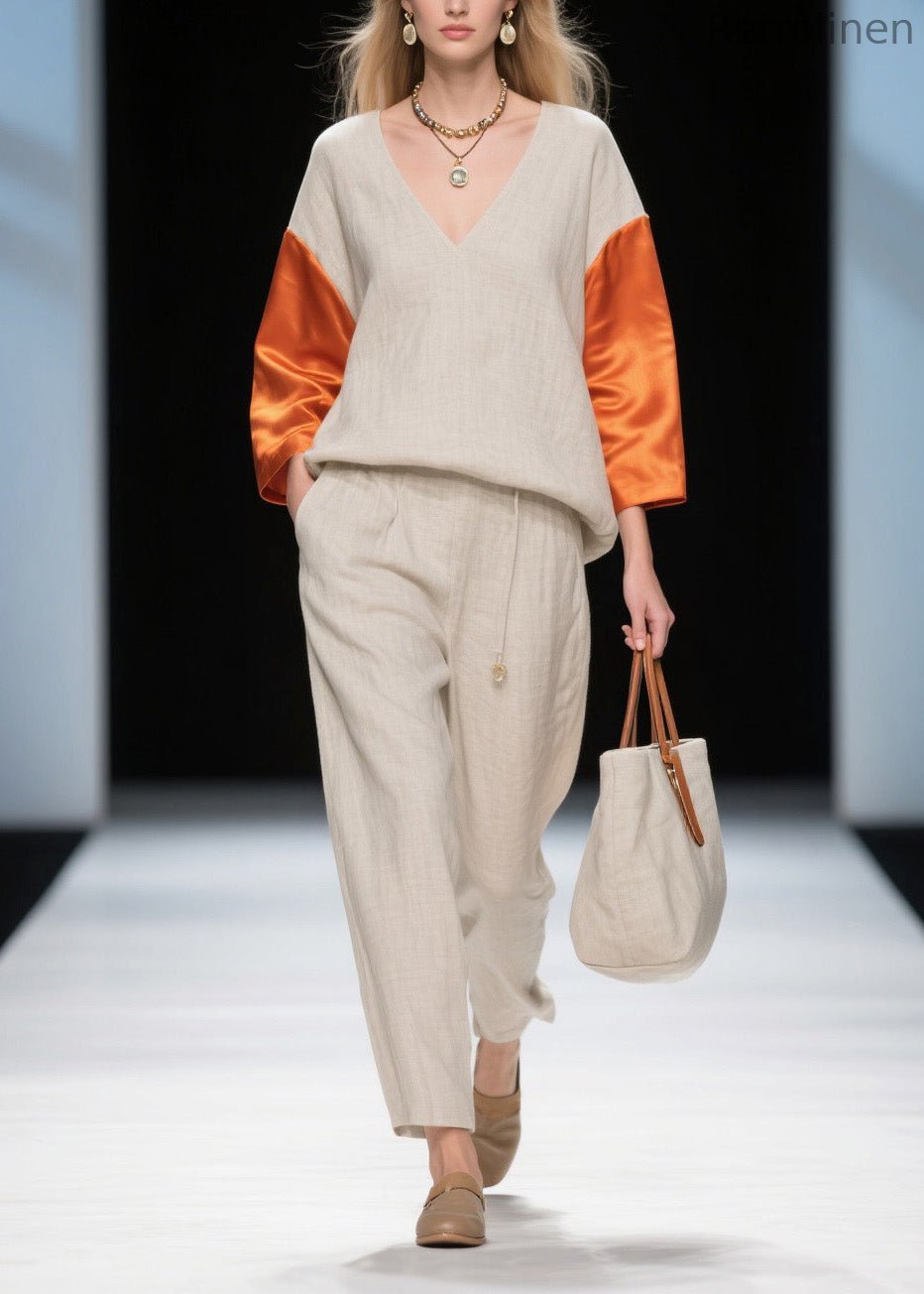 New Colorblock V Neck Patchwork Linen Silk Two-piece Set Spring