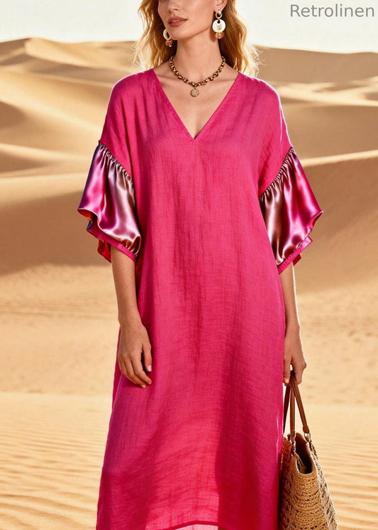 Rose V Neck Silk Patchwork Linen Dress Summer