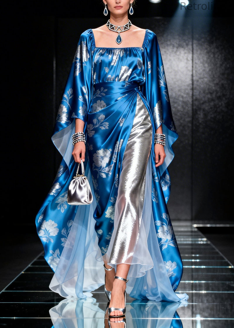 Sea Blue Square Collar Print Exra Large Hem Chiffon Long Dress Summer