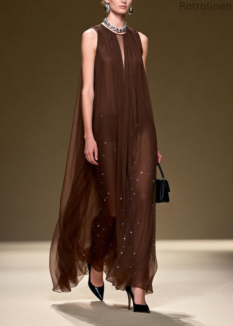 Style O Neck Wrinkled Zircon Chiffon Long Dresses Sleeveless