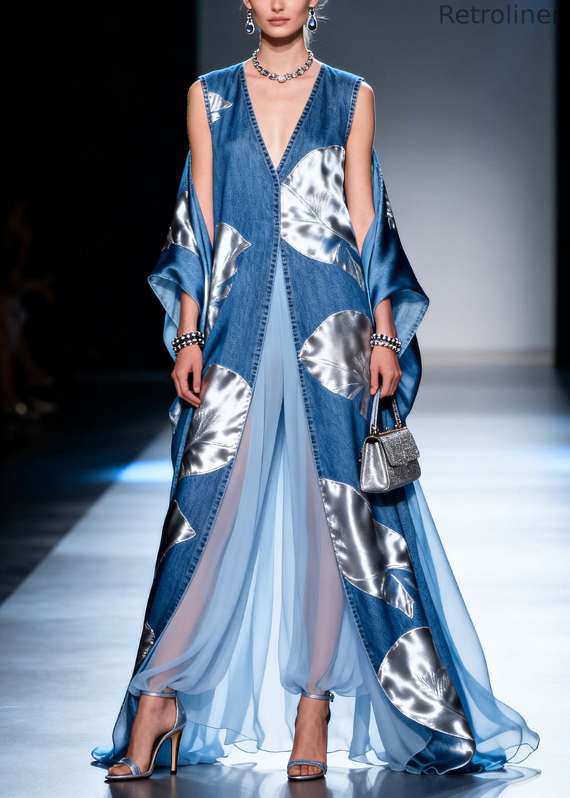 Blue Print Patchwork Exra Large Hem Denim a Line Dresses Summer