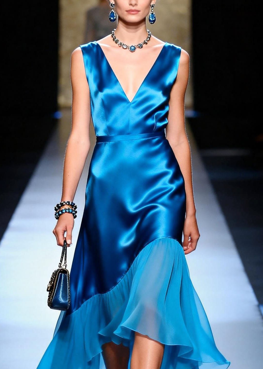 Blue V Neck Asymmetrical Patchwork Silk Dress Sleeveless