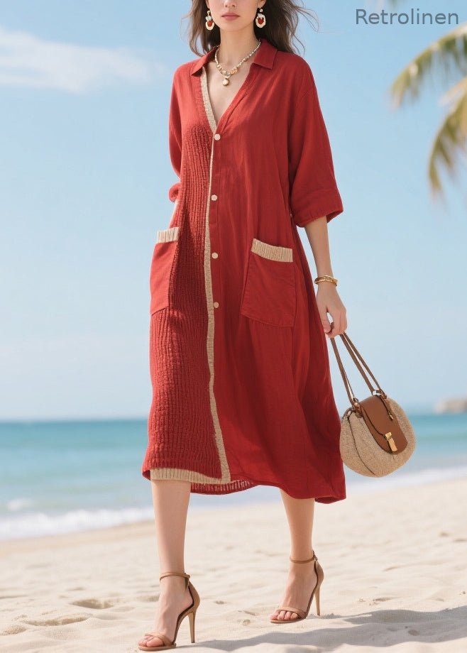 Organic Red Asymmetrical Patchwork Cotton Maxi Dresses Half Sleeve