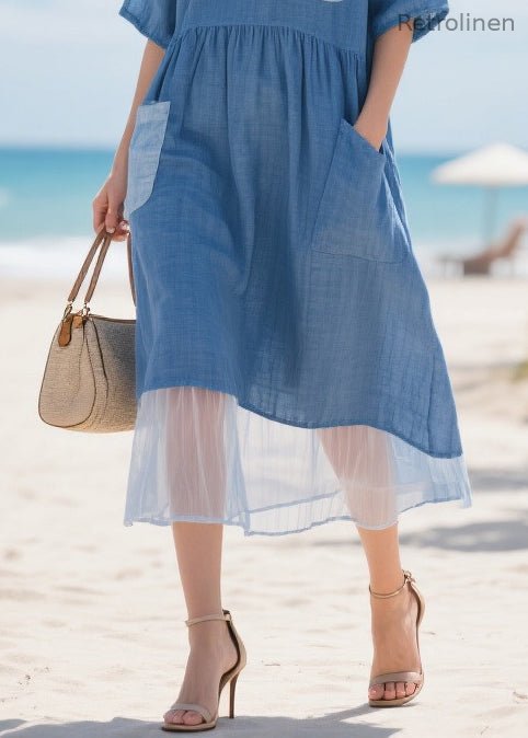 Fitted Blue Asymmetrical Patchwork Pockets Cotton Maxi Dresses Summer