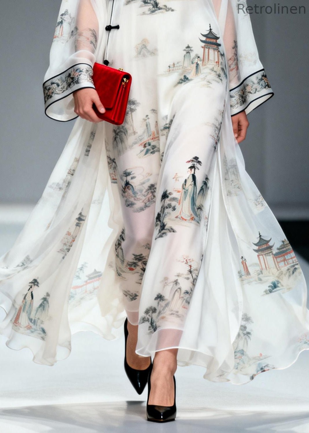 Chinese Style White Print Exra Large Hem Chiffon Dresses Summer