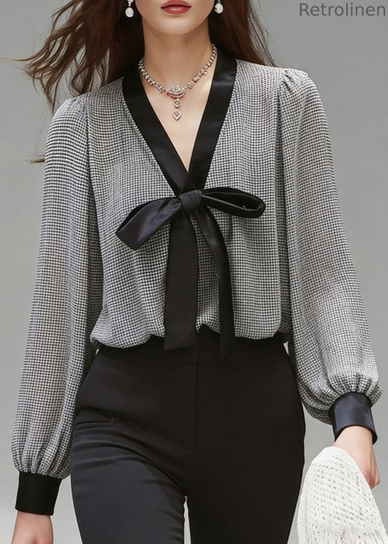 French Black Plaid Bow Chiffon Shirt Top Spring