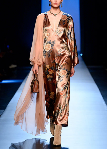 French V Neck Print Patchwork Silk Dresses Spring
