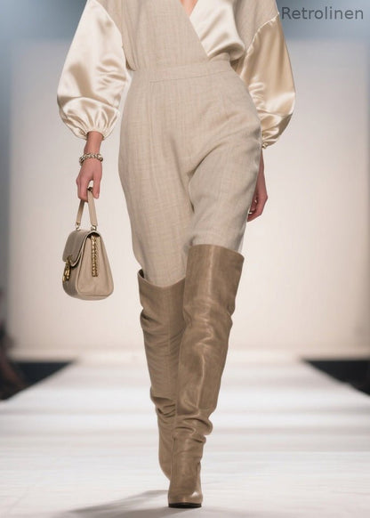 French V Neck Patchwork Linen Silk Jumpsuits Spring