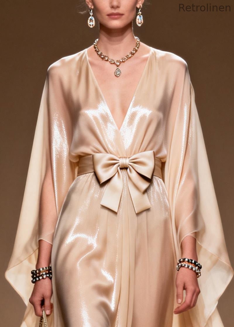 French Khaki Bow Exra Large Hem Chiffon Dinner Dresses Summer
