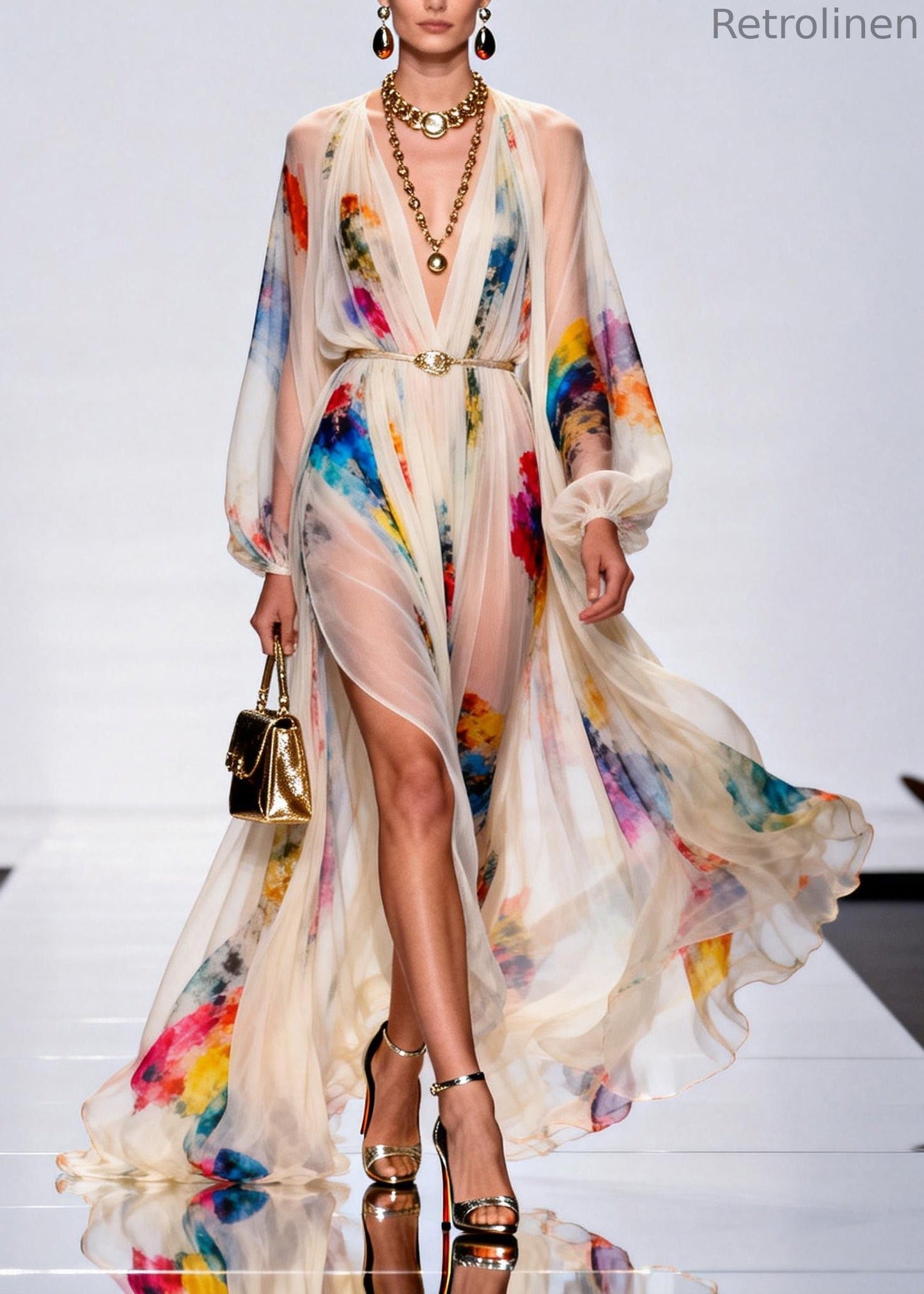V Neck Side Open Print Cotton Robe Dresses Spring