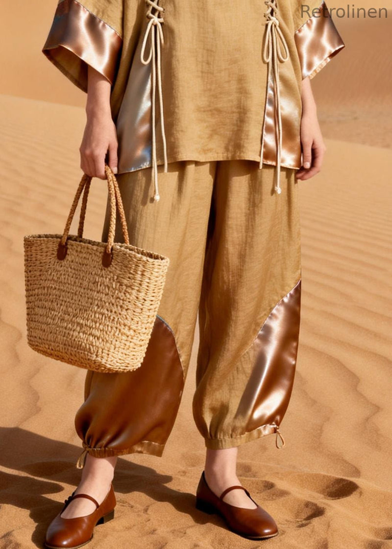 Khaki O Neck Drawstring Patchwork Shirt and Crop Pants Silk Linen Two Pieces Set