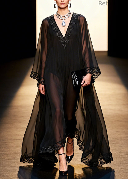 Black V Neck Patchwork Chiffon Holiday Dress Spring