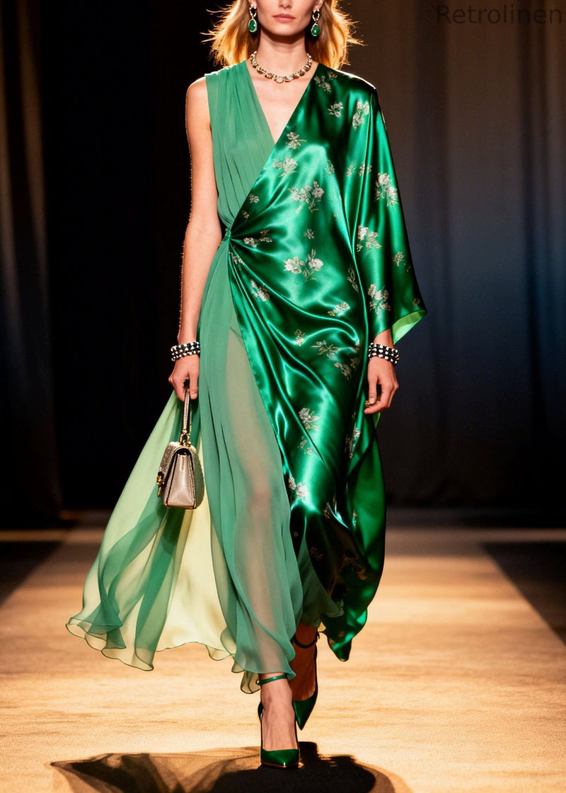 V Neck Asymmetrical Design Print Silk Long Dresses Summer