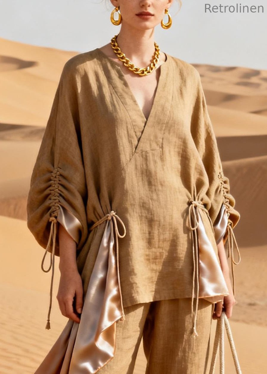 Original Khaki Asymmetrical Cinched Silk Patchwork Two Pieces Set Spring