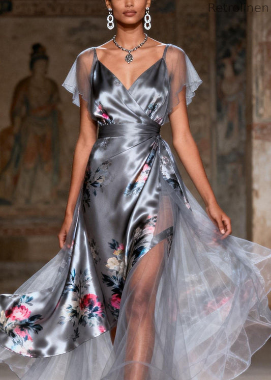 Unique Grey V Neck Print Patchwork Silk Dress Summer