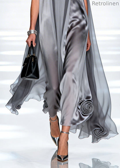 Loose Grey Oversized Stereoscopic Chiffon Long Dress Sleeveless