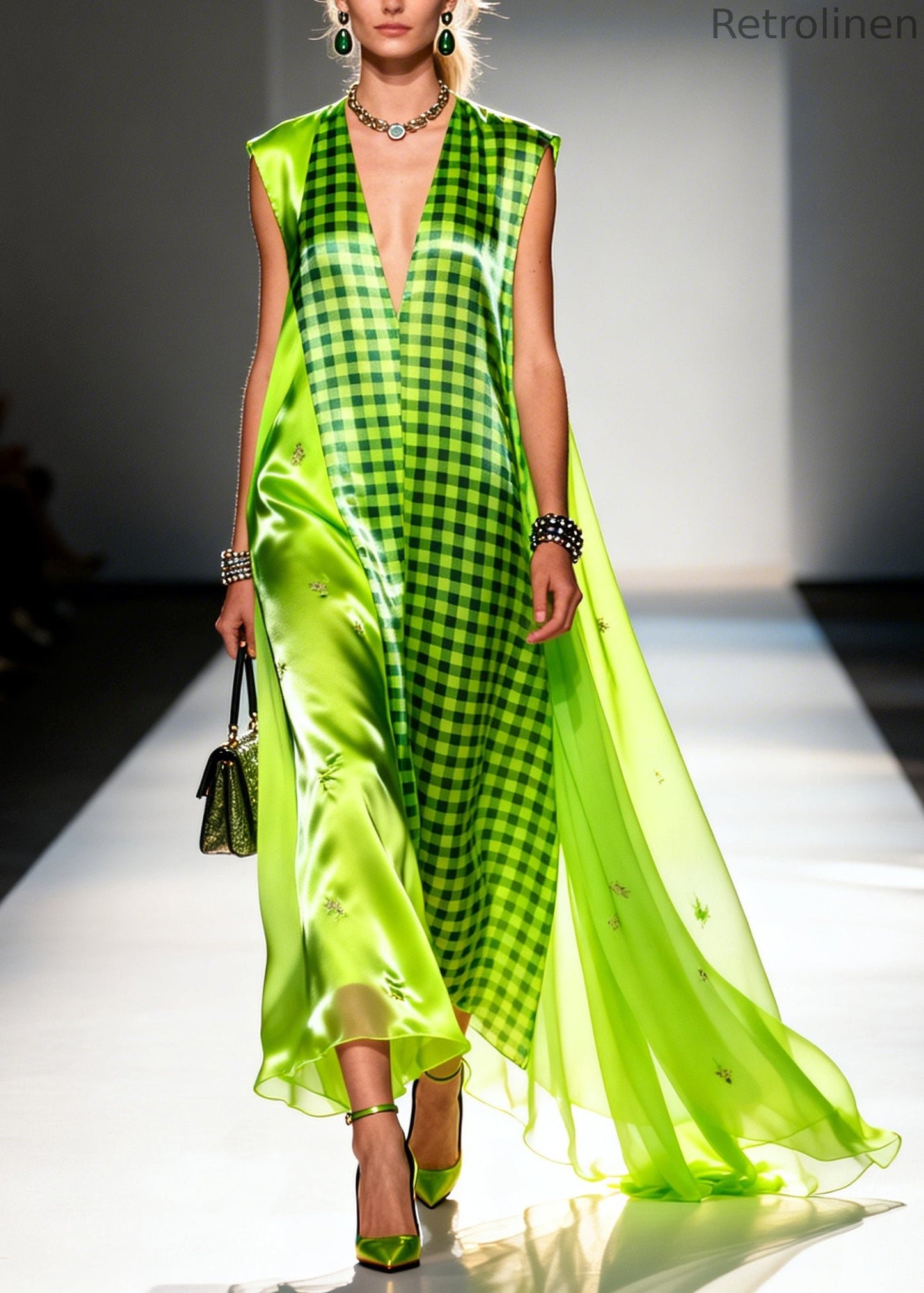 Fluorescent Green Plaid Patchwork Silk Ankle Dress Sleeveless