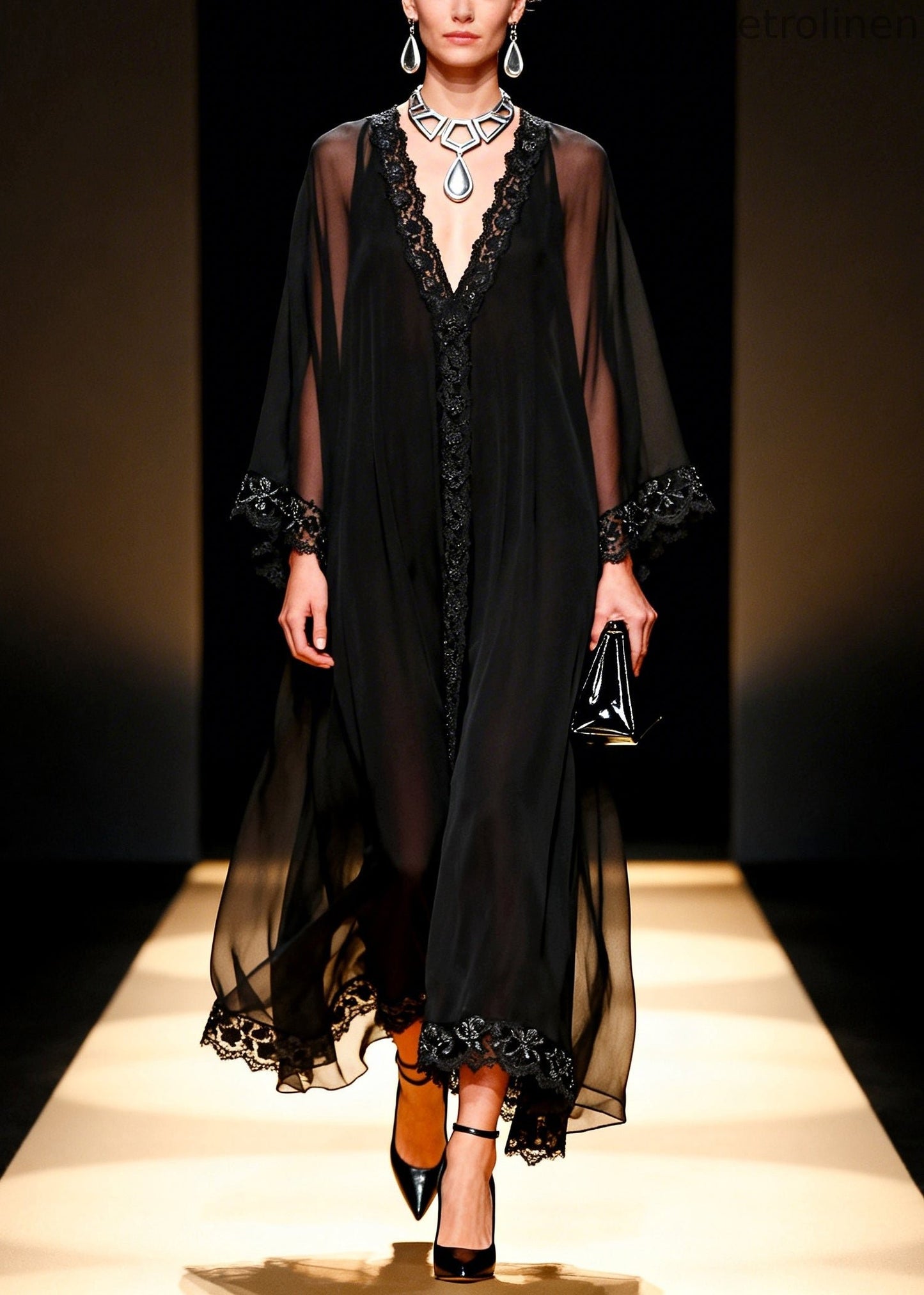 Handmade Black Oversized Lace Patchwork Chiffon Dresses Summer