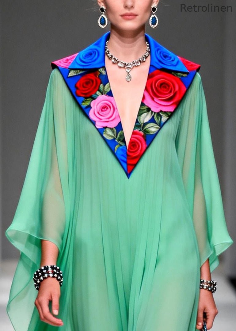 Stylish Grass Green Peter Pan Collar Patchwork Chiffon Dresses Summer