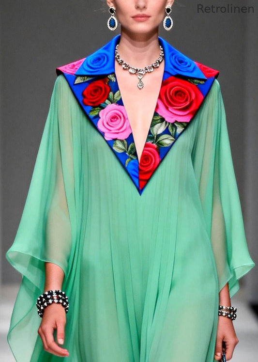 Stylish Grass Green Peter Pan Collar Patchwork Chiffon Dresses Summer