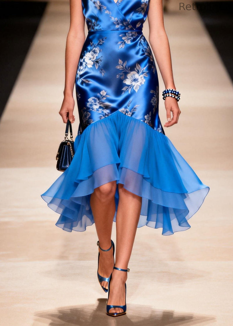 Loose Blue V Neck Ruffled Patchwork Silk Dress Summer