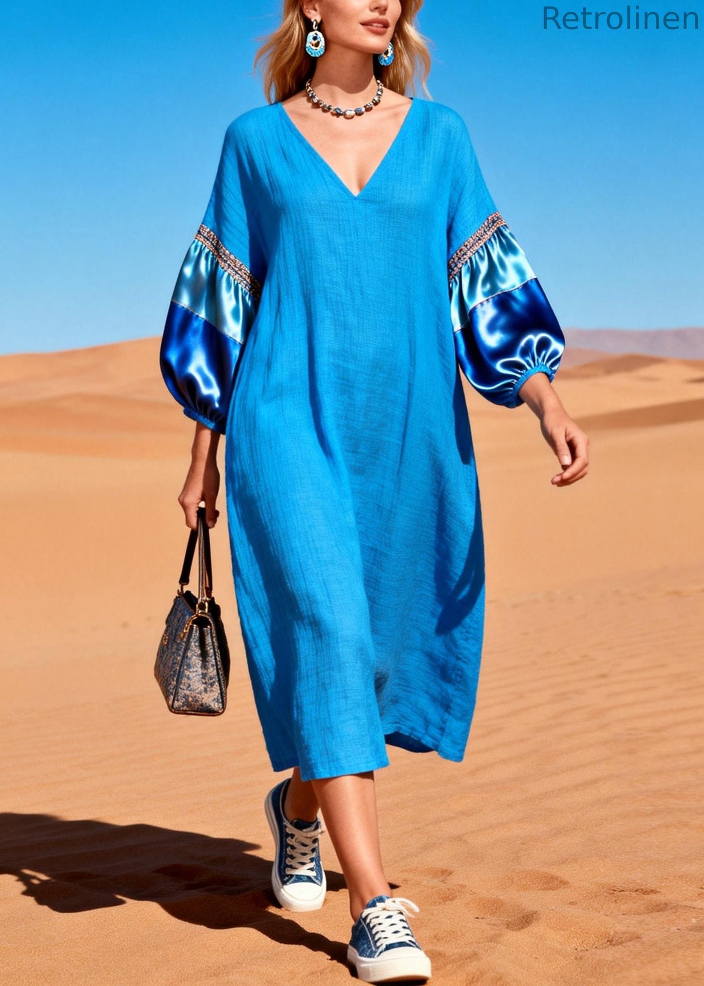 French Blue Oversized Patchwork Cotton Dresses Lantern Sleeve