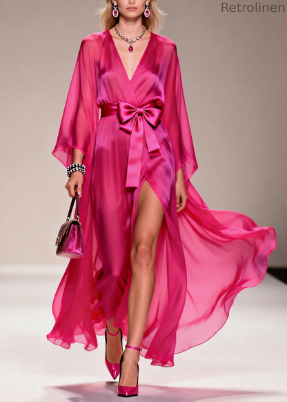 French Rose V Neck Side Open Bow Chiffon Dress Summer