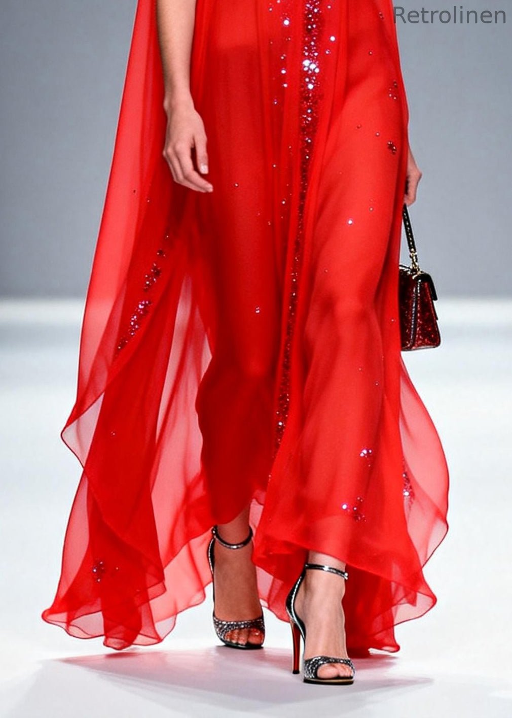 Red Rhinestone Exra Large Hem Chiffon Party Dresses Sleeveless
