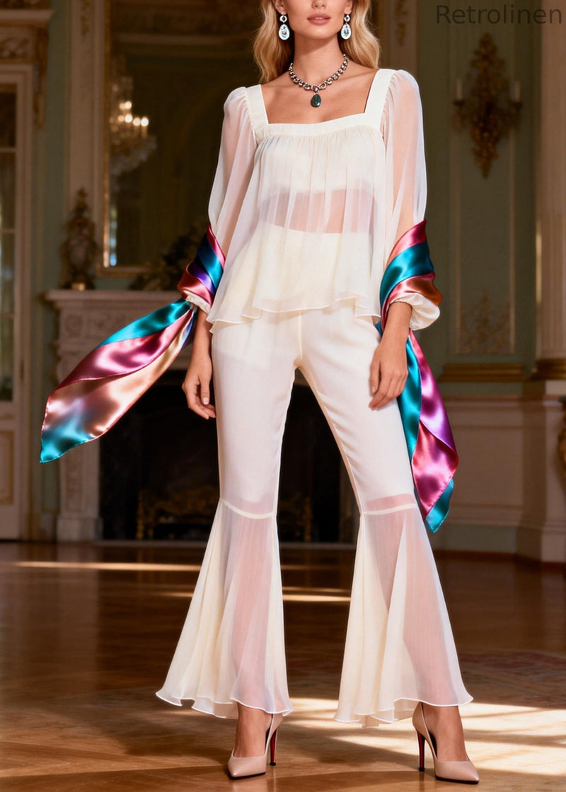 Stylish Beige Square Collar Silk Patchwork Two Pieces Set Spring