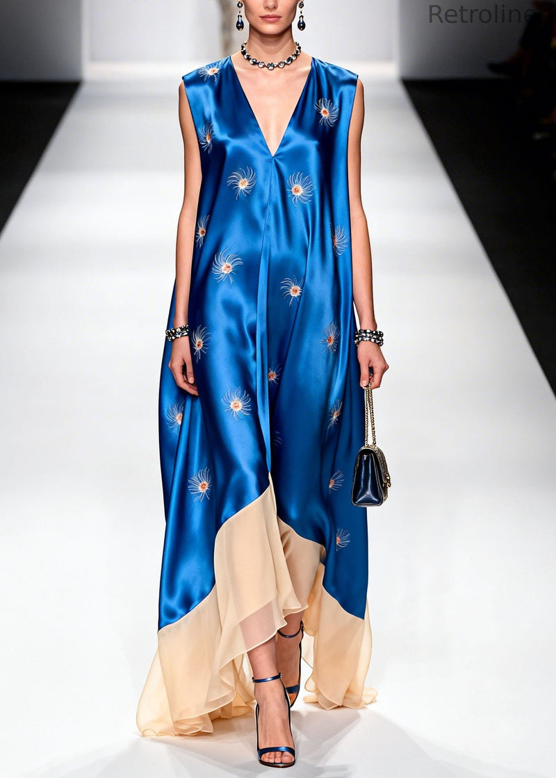 V Neck Print Patchwork Silk Long Dresses Summer