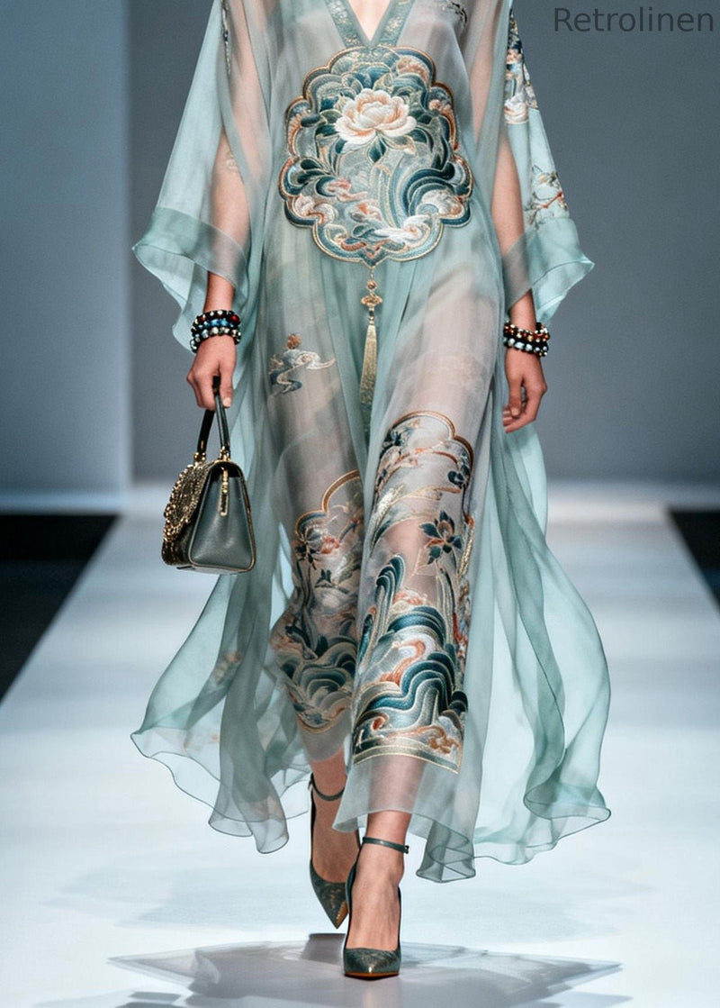 V Neck Print Loose Chiffon Long Dress Spring