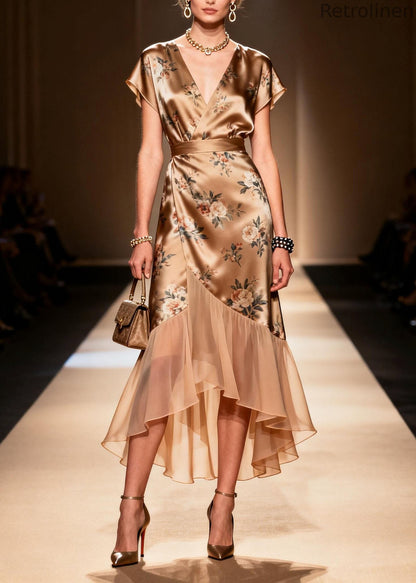 Art Ruffled Asymmetrical Print Patchwork Silk Dress Summer