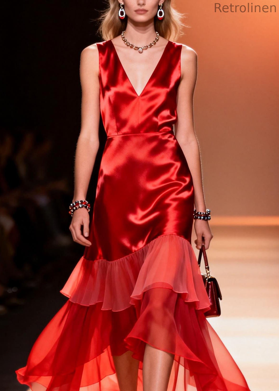 Red V Neck Ruffled Patchwork Silk Dresses Summer