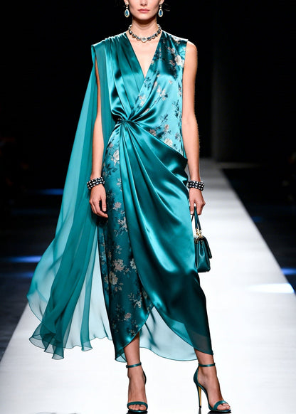 Boutique Peacock Green Asymmetrical Design Print Chiffon Dresses Summer