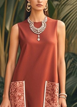 Brown O-neck Patchwork Pockets Silk Maxi Dress Sleeveless